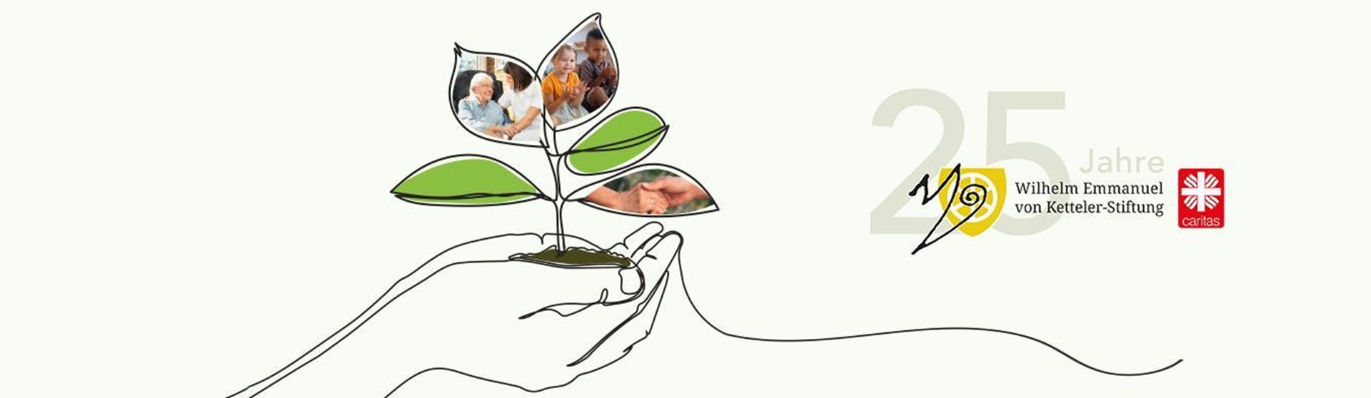 Ein gezeichneter Baum in dessen Blättern Fotos gezeigt sind, die mit Zuneigung und Unterstützung zu tun haben. Daneben ist das Logo der Wilhelm Emmanuel von Ketteler-Stiftung abgebildet ist. 